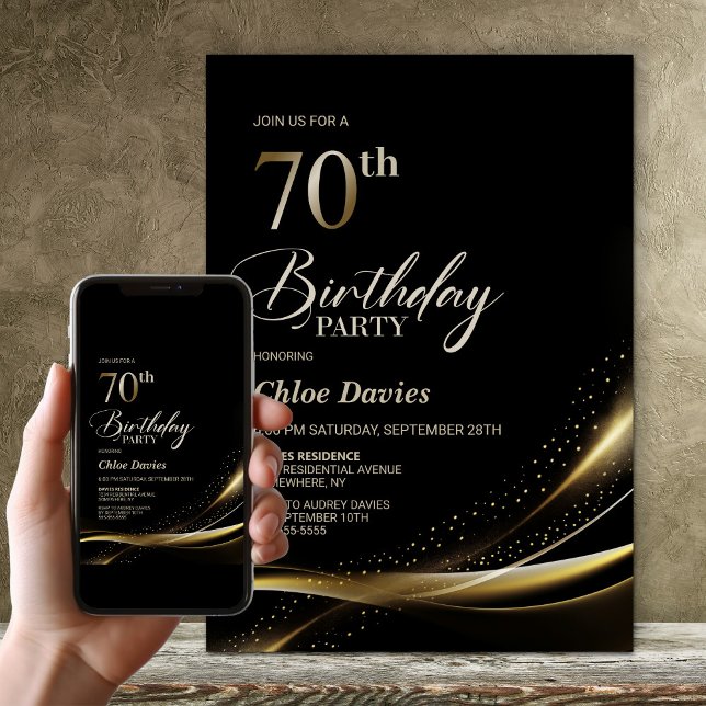 Invitation Fête d'anniversaire moderne Black and Gold 70th (Créateur téléchargé)