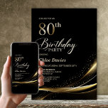 Invitation Fête d'anniversaire moderne Black and Gold 80th<br><div class="desc">Invitation vos amis et proches à votre 80e anniversaire avec cette invitation moderne en noir et or. La zone de texte personnalisable de ce modèle d'invitation vous permet d'inclure sans effort tous les détails nécessaires à votre fête d'anniversaire, y compris la date, l'heure, le lieu et les informations RSVP. Une...</div>