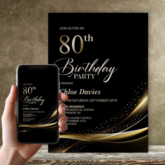Invitation Fête d'anniversaire moderne Black and Gold 80th (Créateur téléchargé)