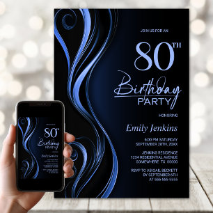 Invitation Fête d'anniversaire moderne Black Blue 80th