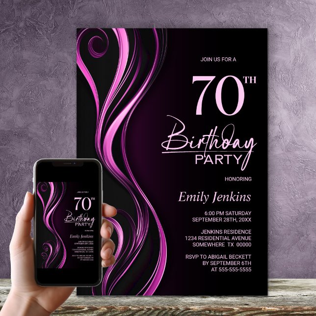 Invitation Fête d'anniversaire moderne Black Pink 70e (Créateur téléchargé)