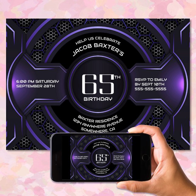 Invitation Fête d'anniversaire moderne Black Purple 65e (Créateur téléchargé)