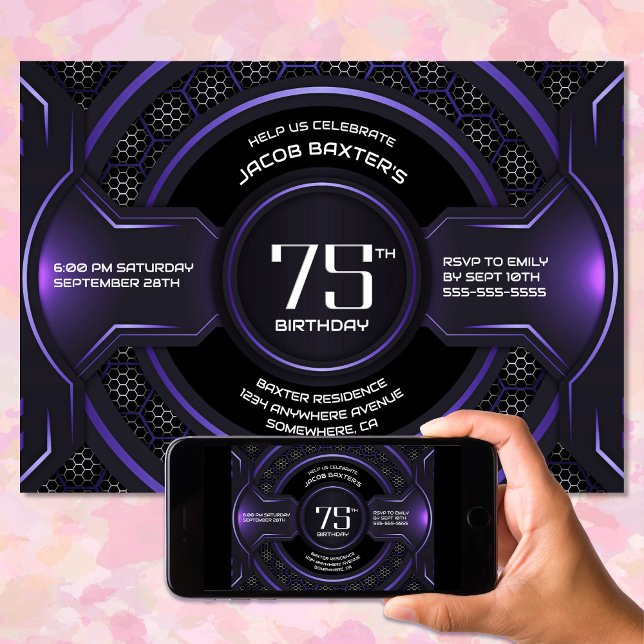 Invitation Fête d'anniversaire moderne Black Purple 75e (Créateur téléchargé)