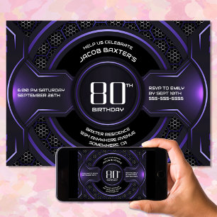 Invitation Fête d'anniversaire moderne Black Purple 80e