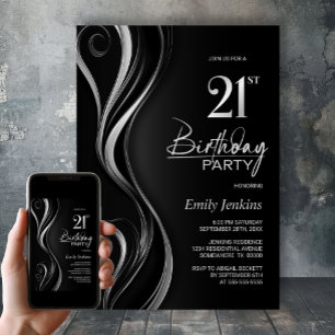 Invitation Fête d'anniversaire moderne Black Silver 21e