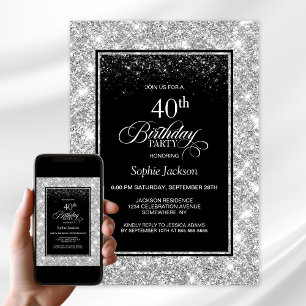 Invitation Fête d'anniversaire moderne Black Silver 40e