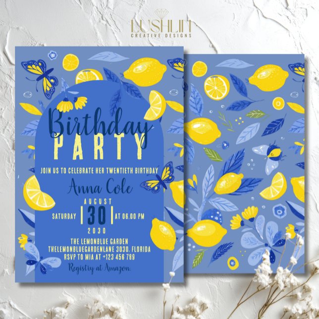 Invitation Fête d'anniversaire moderne bleu et citron couleur (Créateur téléchargé)