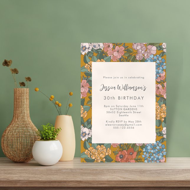 Invitation Fête d'anniversaire moderne boho floral jaune mout (Créateur téléchargé)