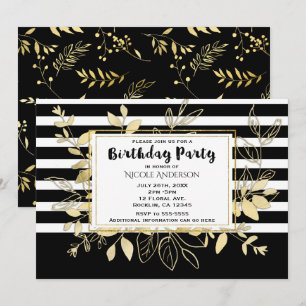 Invitation Fête d'anniversaire moderne botanique glamour noir