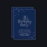 Invitation Fête d'anniversaire moderne chic argent et bleu ma<br><div class="desc">Célébrons votre jour spécial avec cette invitation de fête élégante argentée. Ce design présente une typographie argentée chic "Fête d'anniversaire 30 ans" avec des graphiques scintillants. La couleur de fond est réglée sur bleu marine, mais n'hésitez pas à la modifier pour l'adapter à votre thème de fête. Plus d'invitations d'anniversaire...</div>