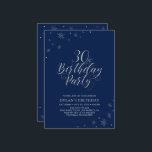 Invitation Fête d'anniversaire moderne chic argent et bleu ma<br><div class="desc">Célébrons votre jour spécial avec cette invitation de fête élégante argentée. Ce design présente une typographie argentée chic "Fête d'anniversaire 30 ans" avec des graphiques scintillants. La couleur de fond est réglée sur bleu marine, mais n'hésitez pas à la modifier pour l'adapter à votre thème de fête. Plus d'invitations d'anniversaire...</div>