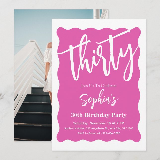 Invitation Fête d'anniversaire moderne de 30 ans à courbe ond (Devant / Derrière)