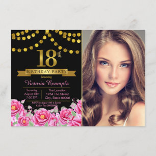Invitation Fête d'anniversaire moderne d'or noir rose 18ème