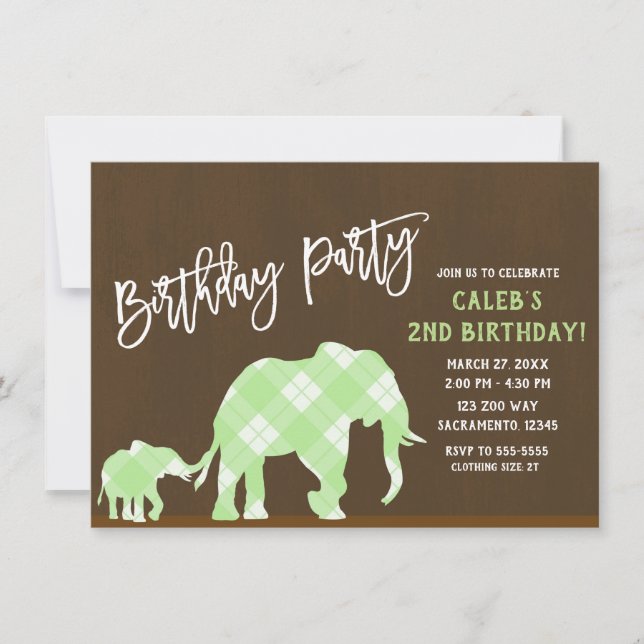 Invitation Fête d'anniversaire moderne éléphants verts marron (Devant)