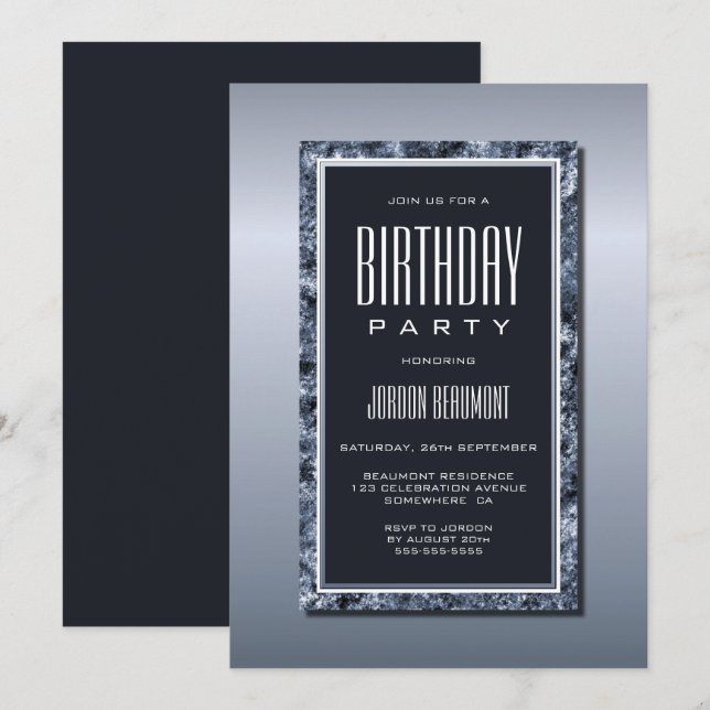 Invitation Fête d'anniversaire moderne en argent (Devant / Derrière)