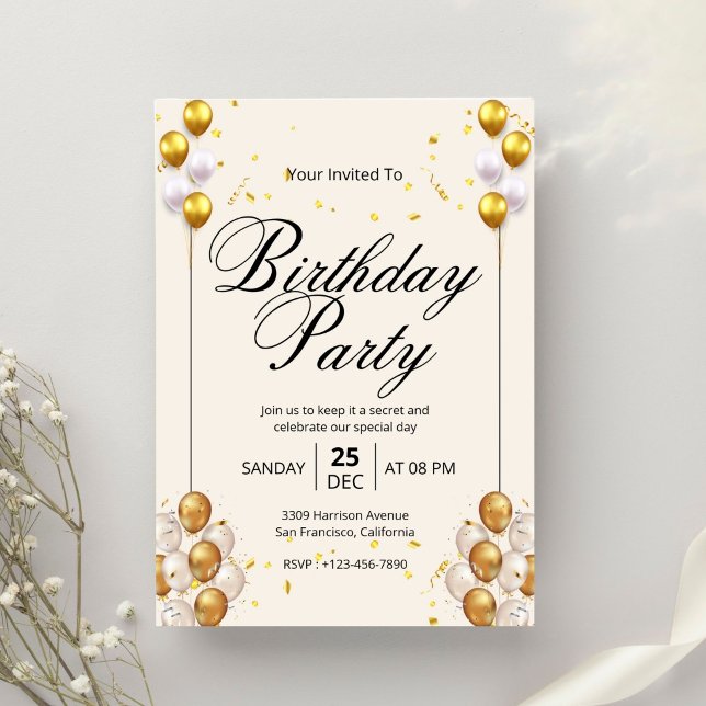 Invitation Fête d'anniversaire moderne en or beige (Créateur téléchargé)