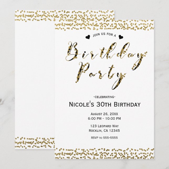 Invitation Fête d'anniversaire moderne et chic en or blanc et (Devant / Derrière)