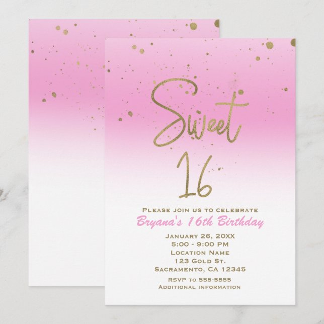 Invitation Fête d'anniversaire moderne et glamour rose et or  (Devant / Derrière)