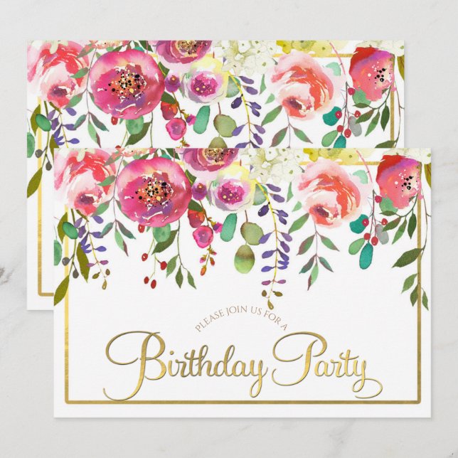 Invitation Fête d'anniversaire moderne Fleurs Floral aquarell (Devant / Derrière)