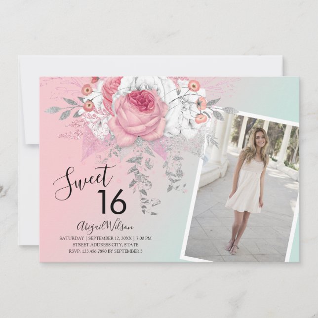 Invitation Fête d'anniversaire moderne floral ombre sweet six (Devant)