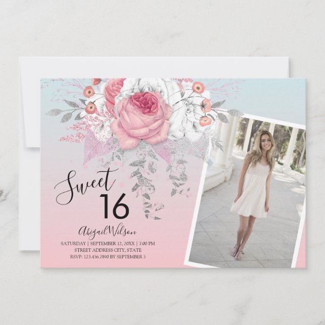 Invitation Fête d'anniversaire moderne floral ombre sweet six (Devant)