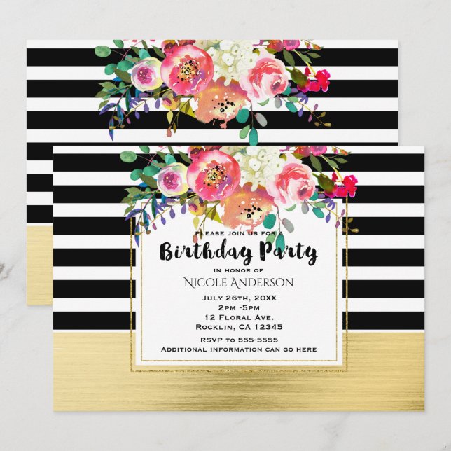 Invitation Fête d'anniversaire moderne florale glamour noir b (Devant / Derrière)