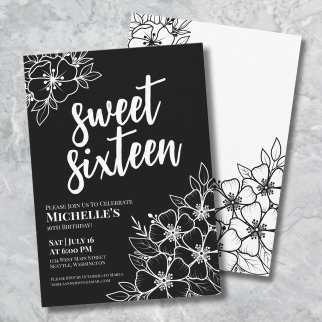 Invitation Fête d'anniversaire moderne florale pour une jeune (Black White Floral Sweet Sixteen Birthday Party Invitation)