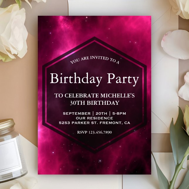 Invitation Fête d'anniversaire moderne galaxie rose espace (Créateur téléchargé)