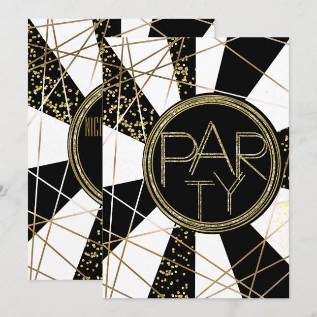Invitation Fête d'anniversaire Moderne Glamour Déco Noir Blan (Devant / Derrière)