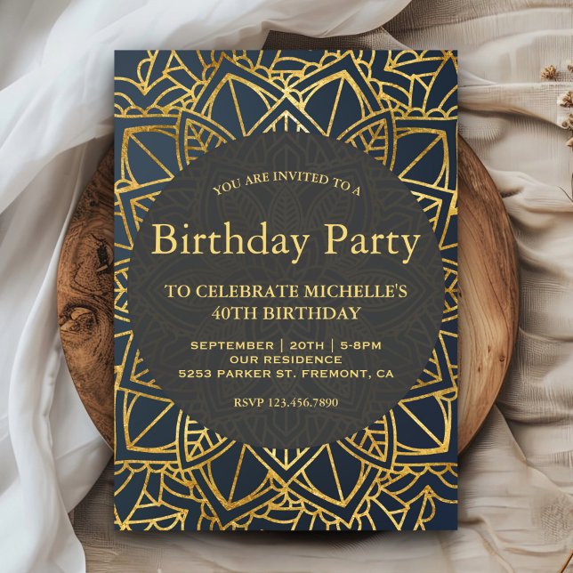 Invitation Fête d'anniversaire moderne mandala en faux or (Créateur téléchargé)