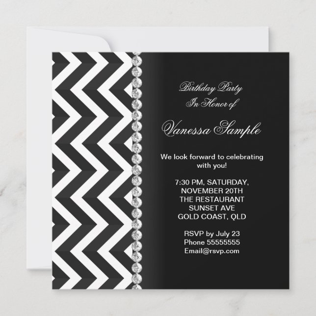 Invitation Fête d'anniversaire moderne noir blanc Chevron Str (Devant)