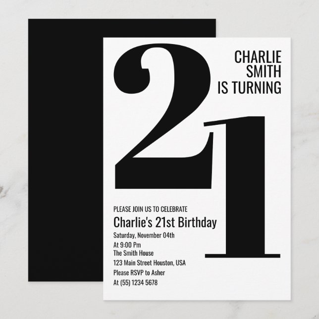 Invitation Fête d'anniversaire moderne noir et blanc 21 ans (Devant / Derrière)