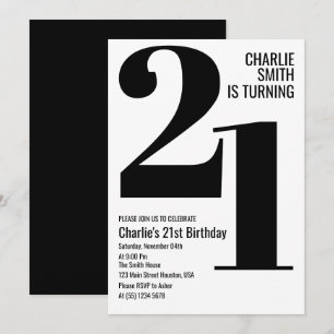 Invitation Fête d'anniversaire moderne noir et blanc 21 ans