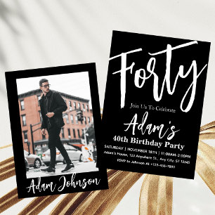 Invitation Fête d'anniversaire moderne noir et blanc 40 ans 