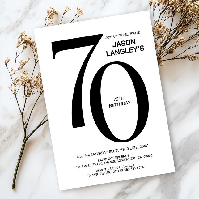 Invitation Fête d'anniversaire moderne noir et blanc 70e (Créateur téléchargé)