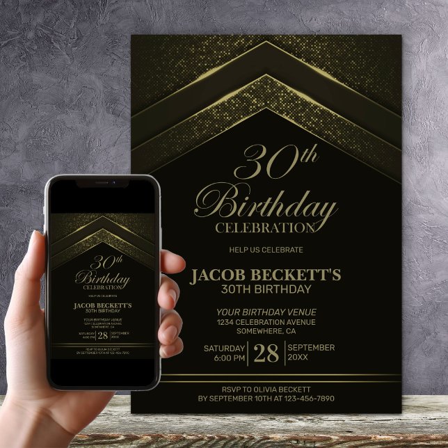 Invitation Fête d'anniversaire moderne noir et or 30 ans (Créateur téléchargé)