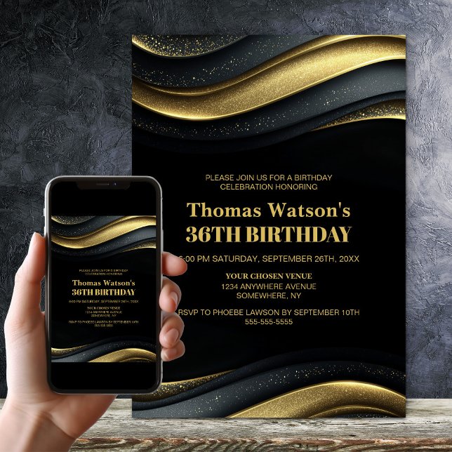 Invitation Fête d'anniversaire moderne noir et or pour tout â (Créateur téléchargé)