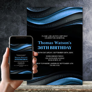 Invitation Fête d'anniversaire moderne noire et bleue pour to