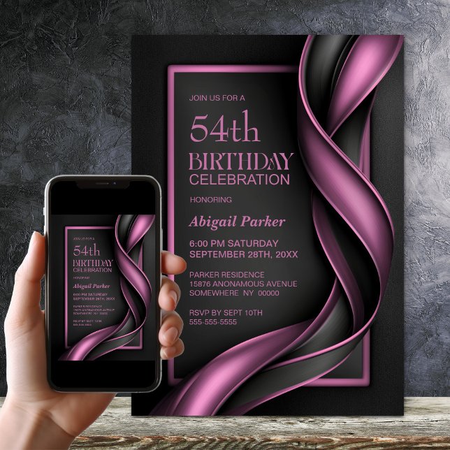 Invitation Fête d'anniversaire moderne noire et rose (Créateur téléchargé)