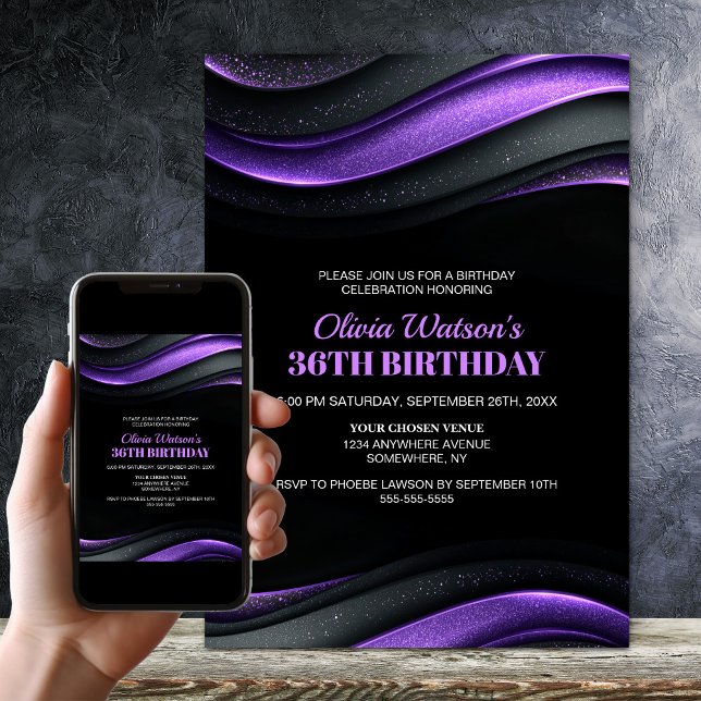 Invitation Fête d'anniversaire moderne noire et violette pour (Créateur téléchargé)