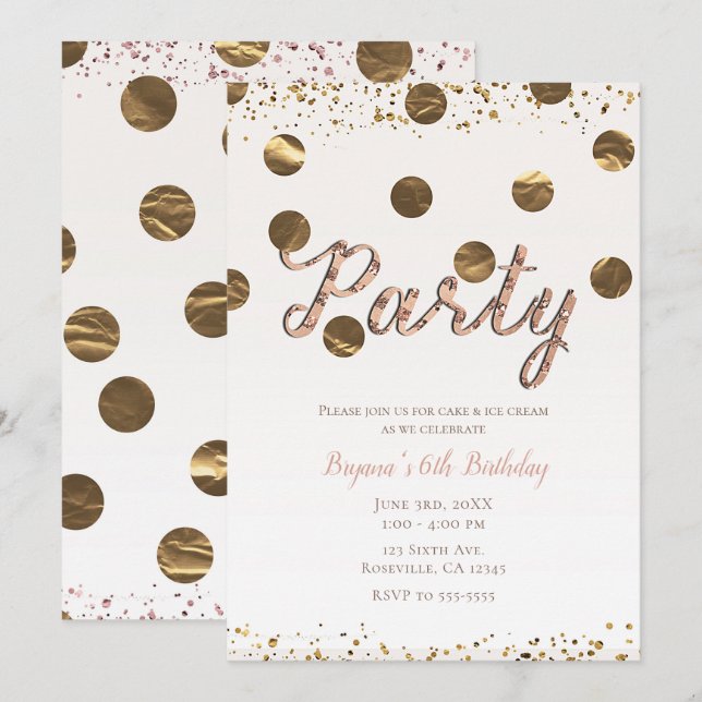Invitation Fête d'anniversaire moderne or rose à pois bronze (Devant / Derrière)