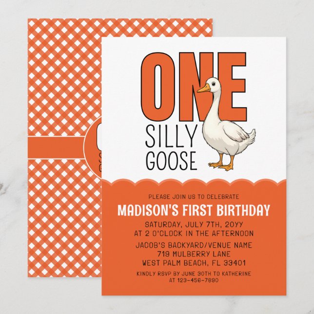 Invitation Fête d'anniversaire moderne orange d'une oie idiot (Devant / Derrière)