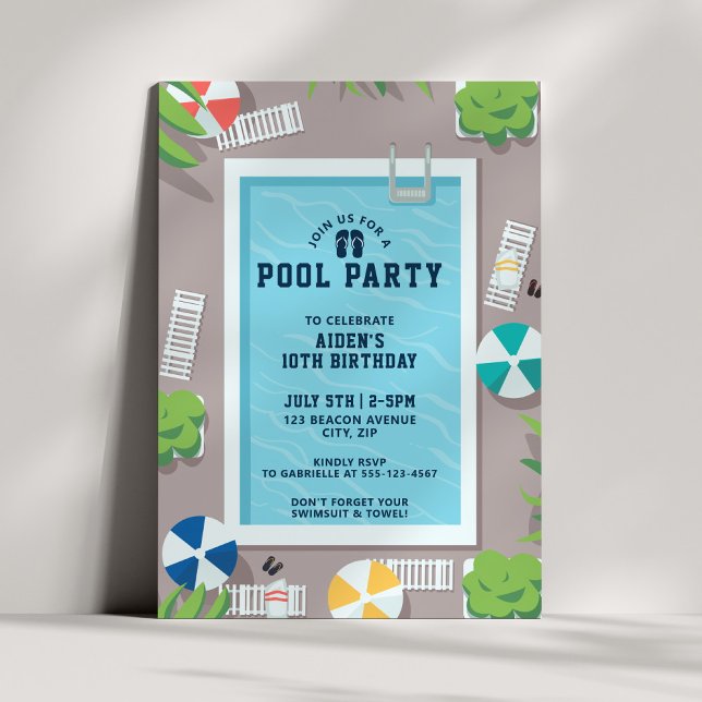 Invitation Fête d'anniversaire moderne piscine bleue (Créateur téléchargé)