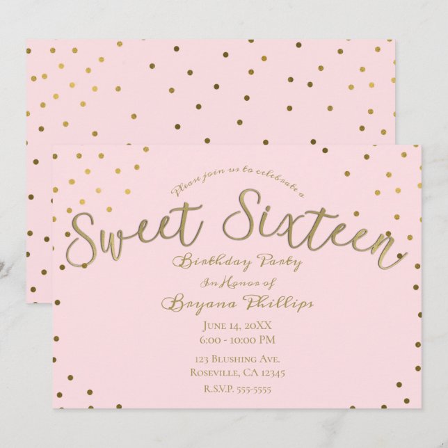 Invitation Fête d'anniversaire moderne pour 16 ans avec doré  (Devant / Derrière)