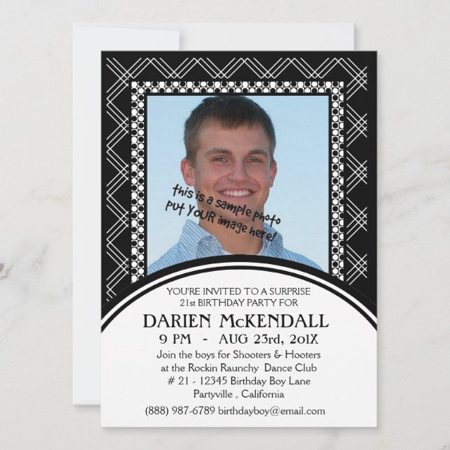 Invitation Fête d'anniversaire moderne pour adultes noir et b (Devant)