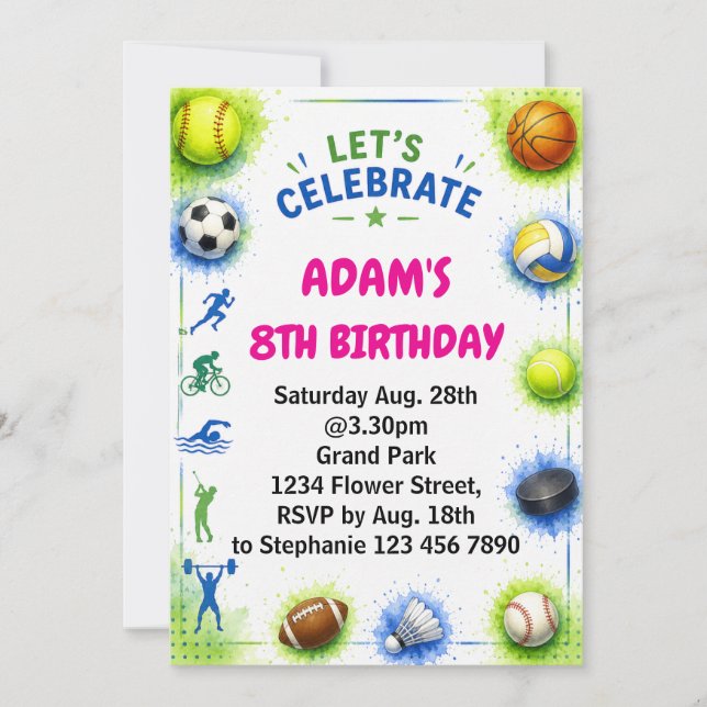 Invitation Fête d'anniversaire moderne pour garçons bleue spo (Devant)
