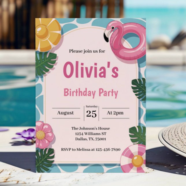 Invitation Fête d'anniversaire moderne pour une soirée piscin (Créateur téléchargé)
