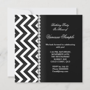 Invitation Fête d'anniversaire moderne rayure chevron noir et