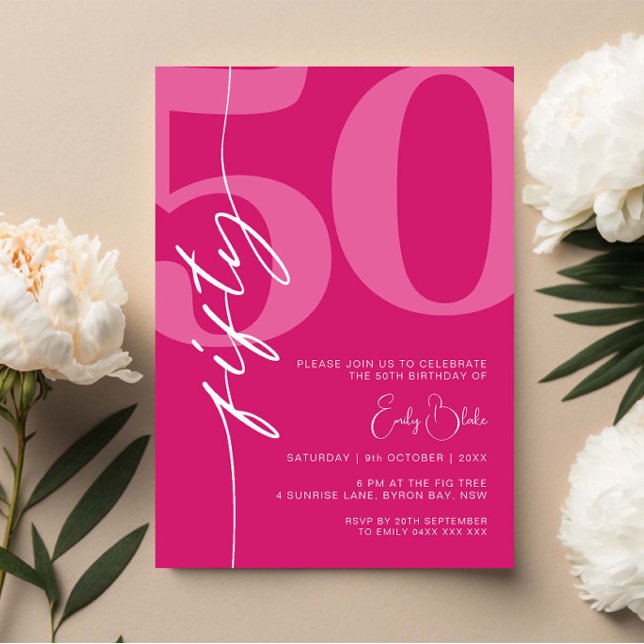 Invitation Fête d'anniversaire moderne rose cinquante (Créateur téléchargé)