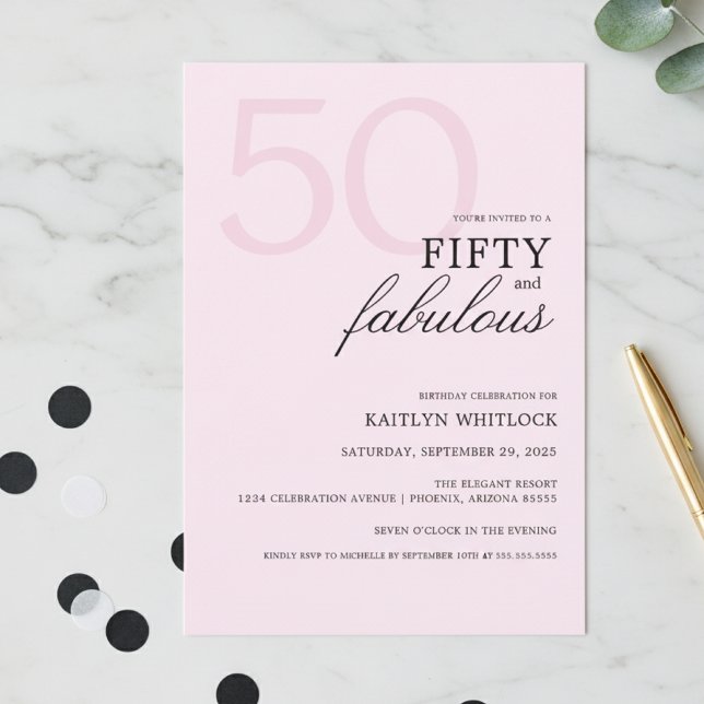 Invitation Fête d'anniversaire Moderne Rose Gras 50 ans et In (modern elegant typography pink fifty and fabulous 50th birthday party invitation simple bold script)